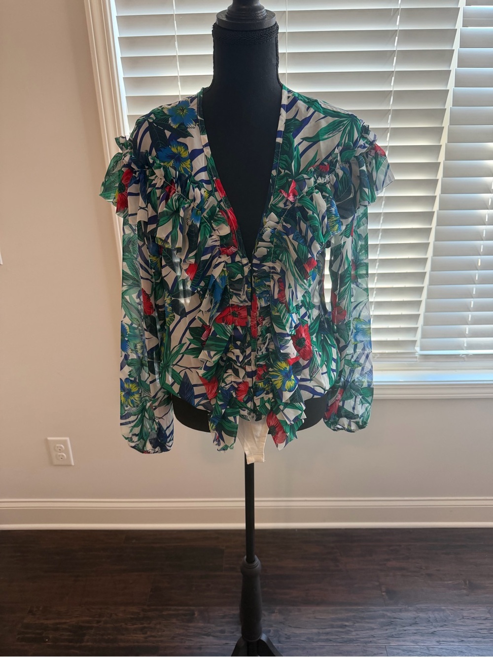 Floral Ruffle V-Neck Long Sleeve Bodysuit Blouse- Multicolor